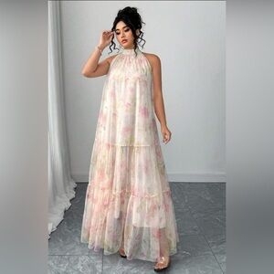 SHEIN Pink and Cream Floral Halter Tiered Maxi Dress